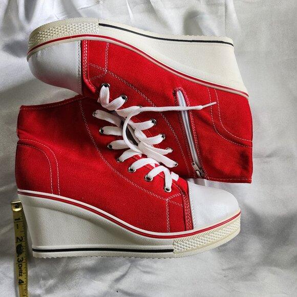 Red Wedge Heel Canvas Sneakers - Picture 2 of 6